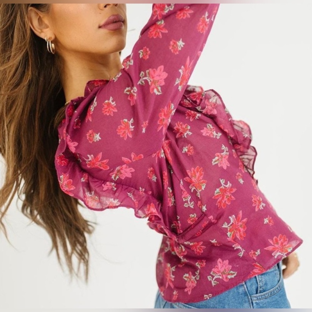 FREE PEOPLE Floral Ruffle RED V-Neck Top
